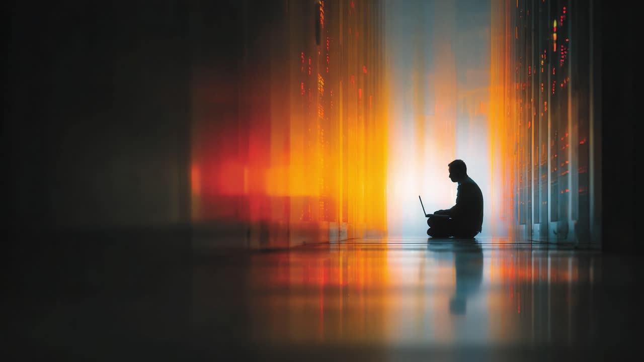 A solitary figure immersed in technology within a vibrant data center, reflecting the fusion of light and shadows, showcasing the connection between human and machine