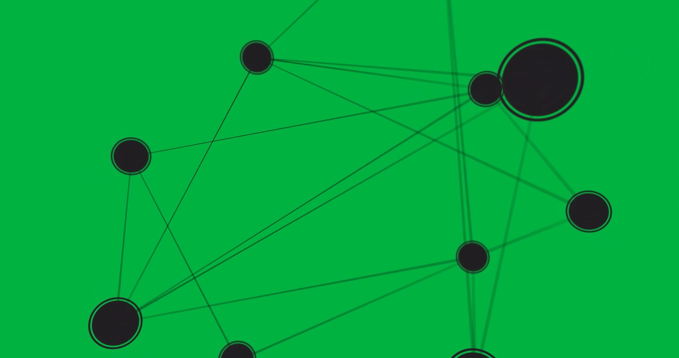 Flat design network graph being drawn with black nodes glowing blue halos on transparent background