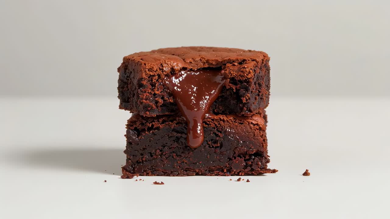 Beyaz masa üzerinde akan ganajlı, iki adet brownie yığınından oluşan ve aradan erimiş bir akıntı çıkan görsel
