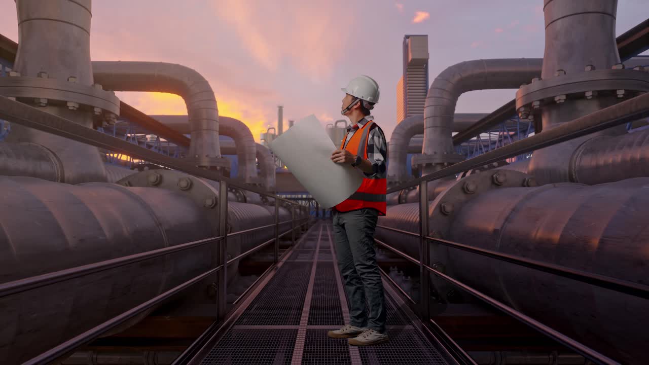 Helkropsbillede fra siden af en asiatisk mandlig ingeniør med sikkerhedshjelm, der kigger på en blåtegning i sine hænder og kigger sig omkring, mens han står foran et industrielt rørnetværk ved solnedgang.
