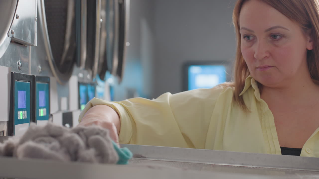 Professional operator in yellow shirt uses towel to carefully remove lint dirt from washer filter, ensuring cleanliness, industrial laundry machine during service routine in modern laundromat