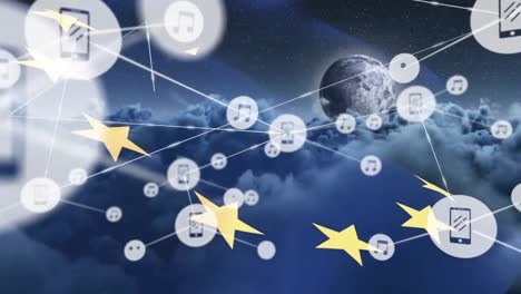 animation of network of connections of icons with smartphones over european union flag and clouds