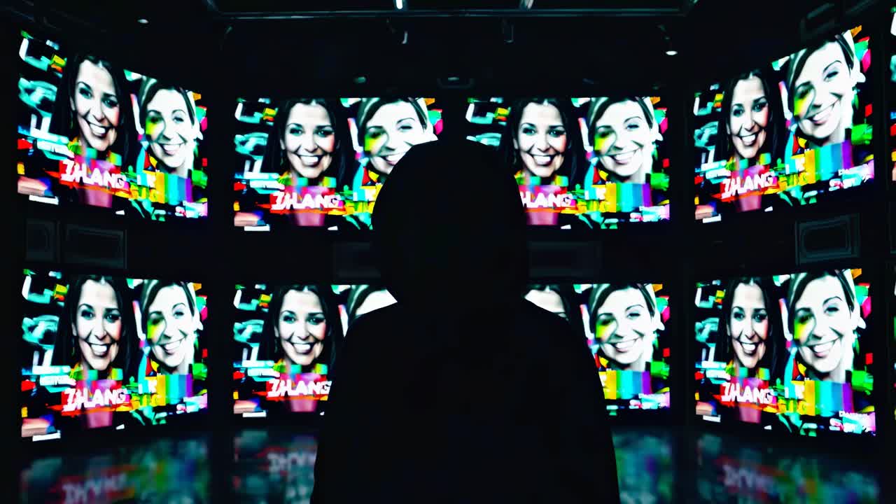 Silhouette of a person facing multiple glitching screens in a dark room, captured from a low angle