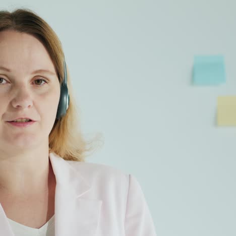 Eine-Frau-Mit-Headset-Hält-Einen-Vortrag-über-Den-Hintergrund-Einer-Markierungstafel