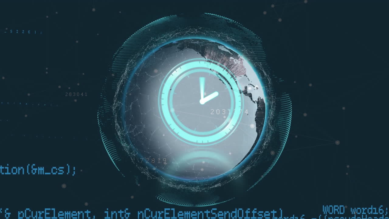 Animation of clock and data processing over dark background