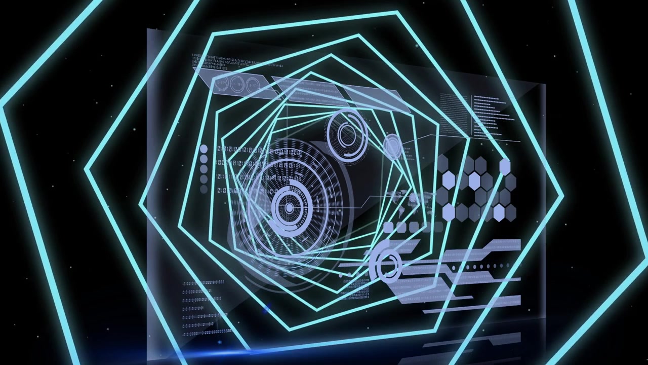 Animation of hexagons moving over diverse data on screen on black background