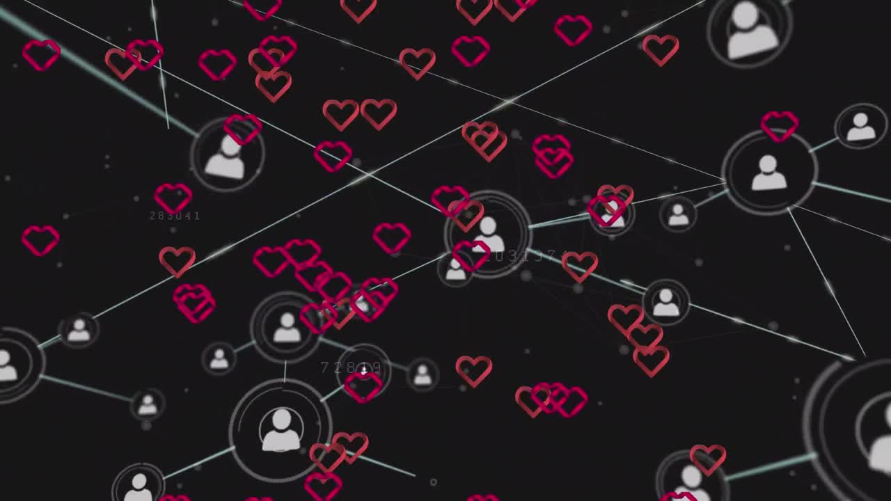 animación de corazones rojos y red de conexiones con iconos de personas