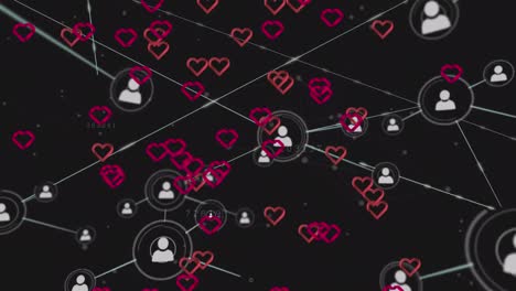 animación de corazones rojos y red de conexiones con iconos de personas