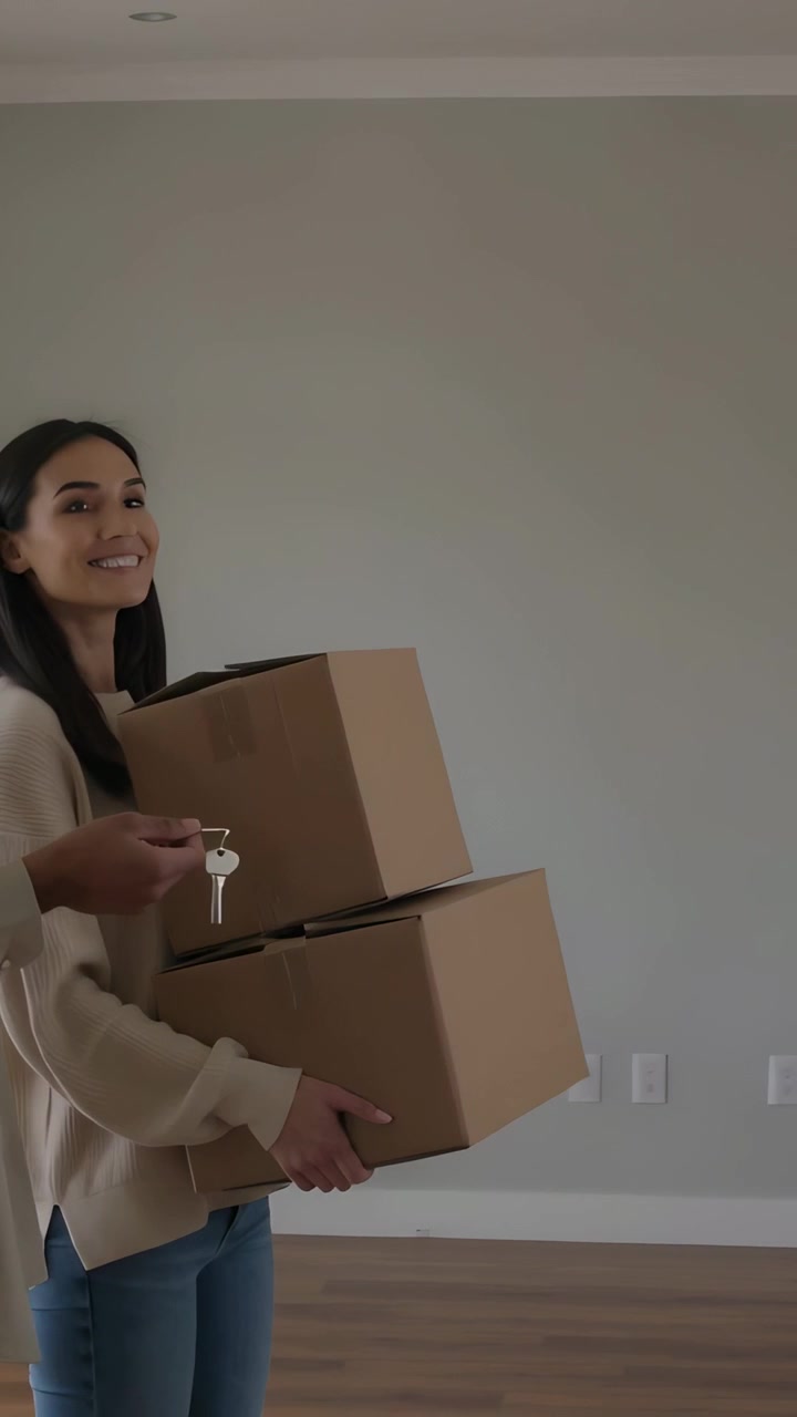 Vertical video: Entering glass door, couple carrying boxes crossing living room with keys moving in