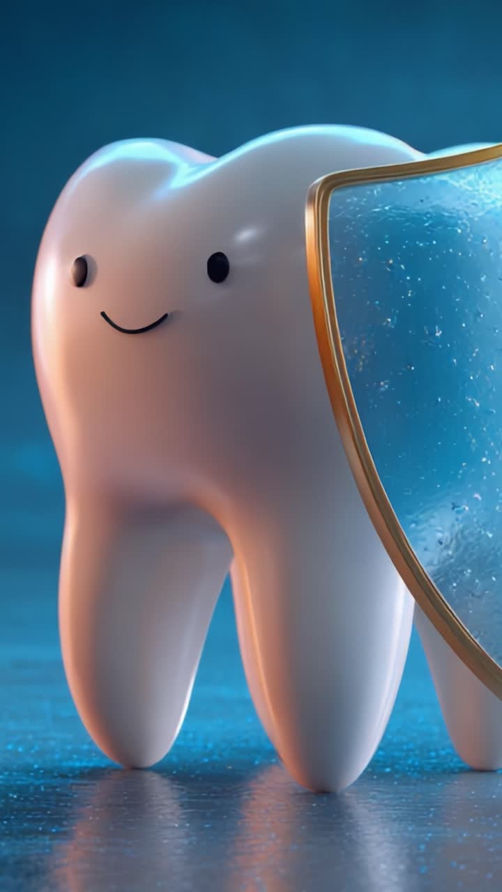 A Delightful Tooth Character Holding a Shield, Representing Dental Health and Protection in a Fun and Engaging 3D Animation Style