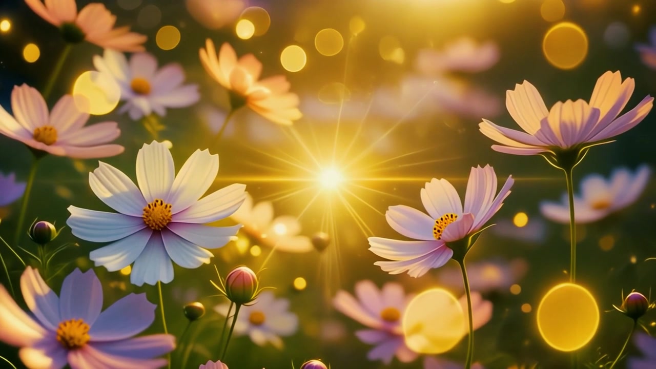 Pink Cosmos Flowers Blooming in Golden Sunset Light