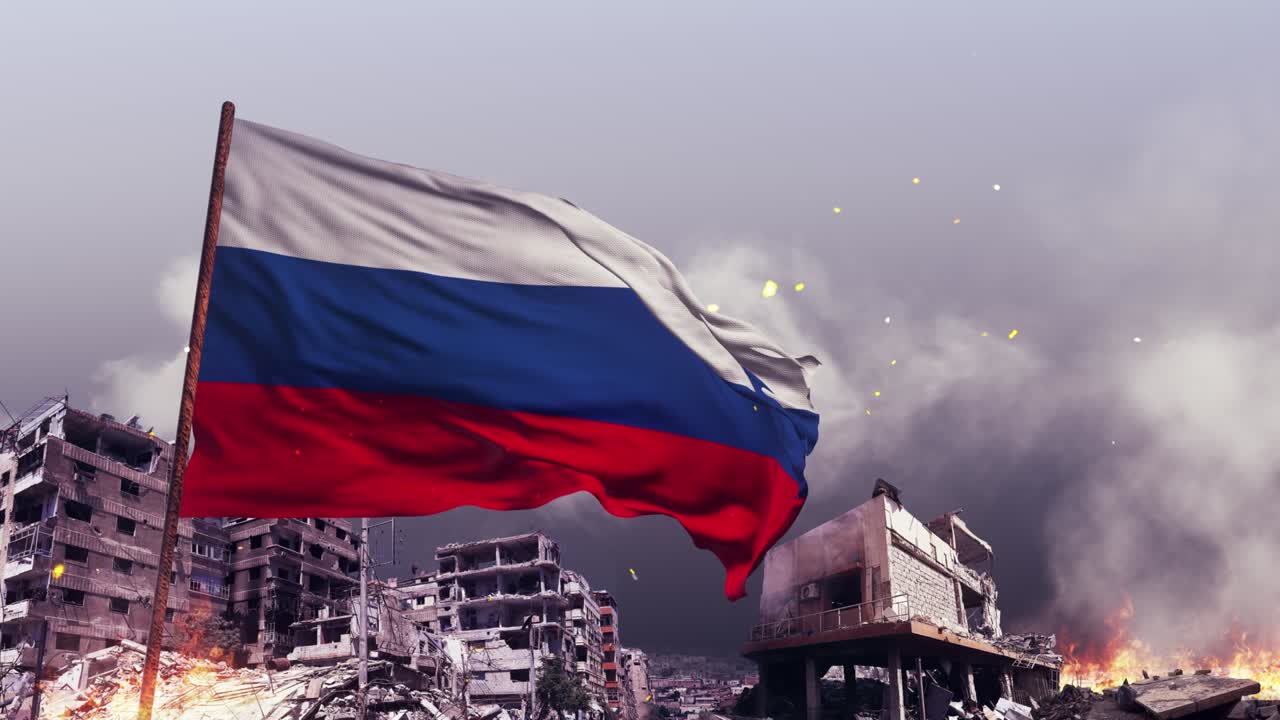 Fabric textured Russia flag with war concept (loopable)