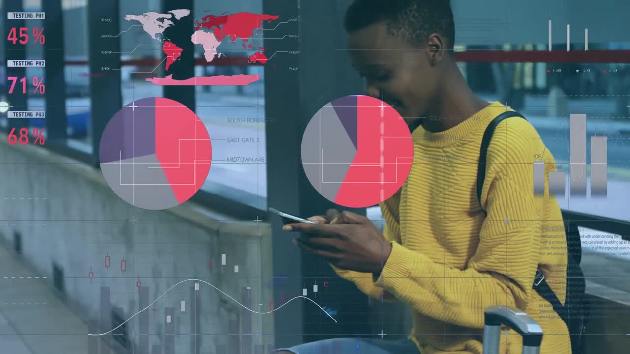 Animation of statistical data processing over happy african american woman using smartphone