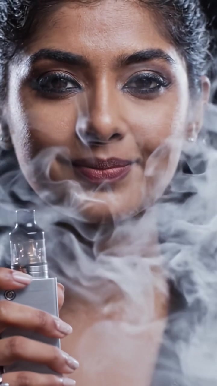 A confident woman exuding style and attitude as she enjoys vaping, showcasing bold makeup and a striking leather jacket, emphasizing modern trends and personal expression.