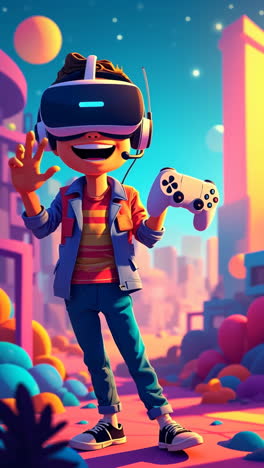 animated boy playing vr games in a vibrant digital city