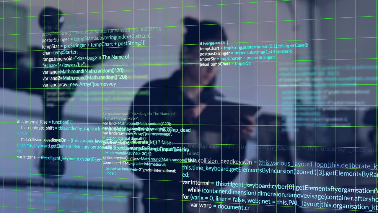 Using tablet with digital code and grid overlay in modern office animation