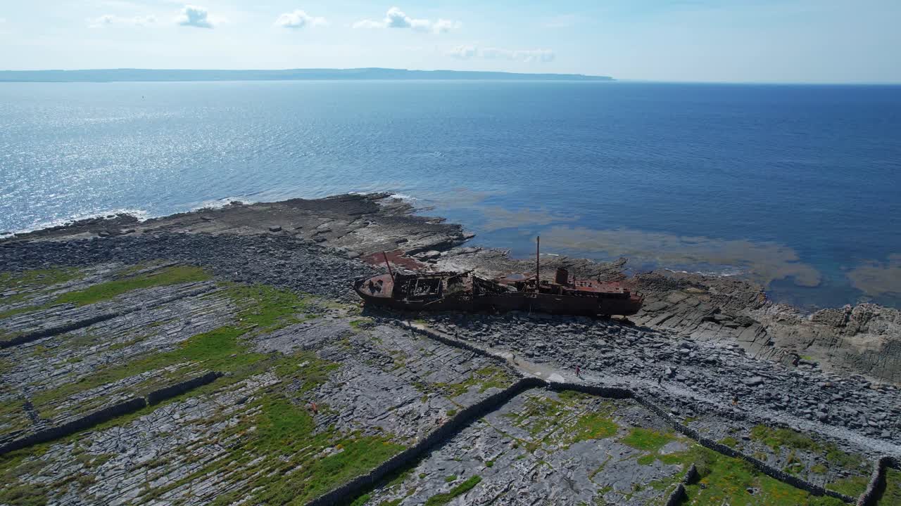 Ireland Epic locations Inisheer Aran Islands wild Atlantic way drone flying over the Father Ted shipwreck on a summer morning