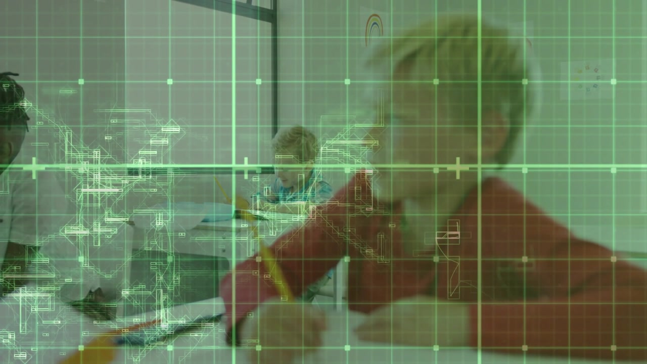 Green grid overlay filling classroom, blond boy writing notes, classmates entering desks studying