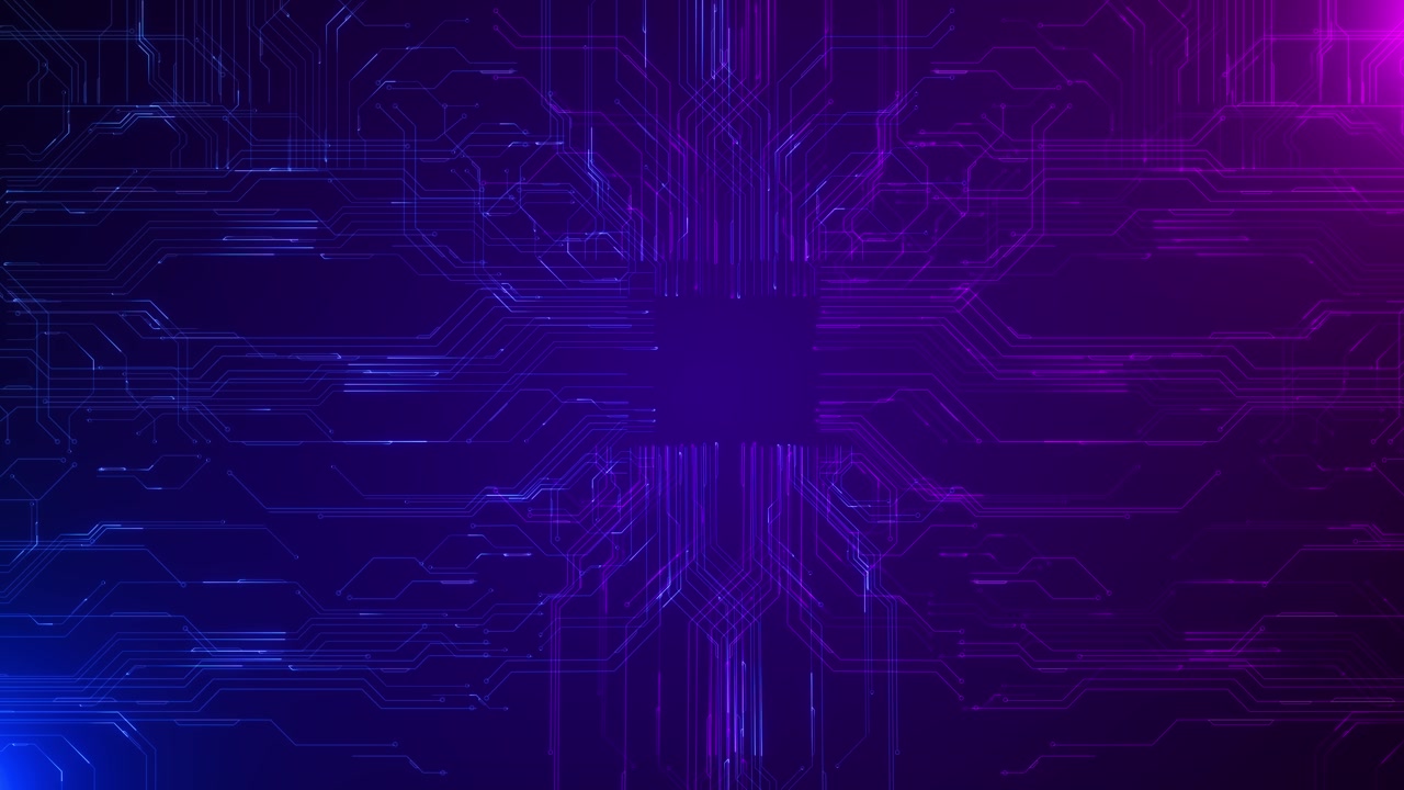 Purple circuit board core background blue magenta electronic lines central chip space neon
