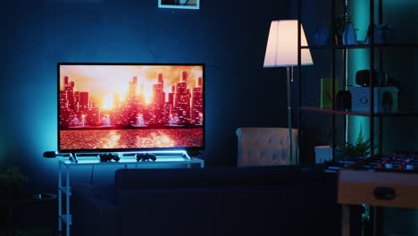 Empty-stylish-neon-lit-home-studio-interior-illuminated-with-neon-lights-at-night-and-artwork