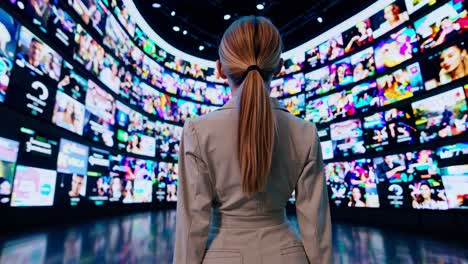 businesswoman stands with her back to the viewer, observing a multitude of videos playing on a large, curved screen in a dark room, suggesting an immersive digital experience