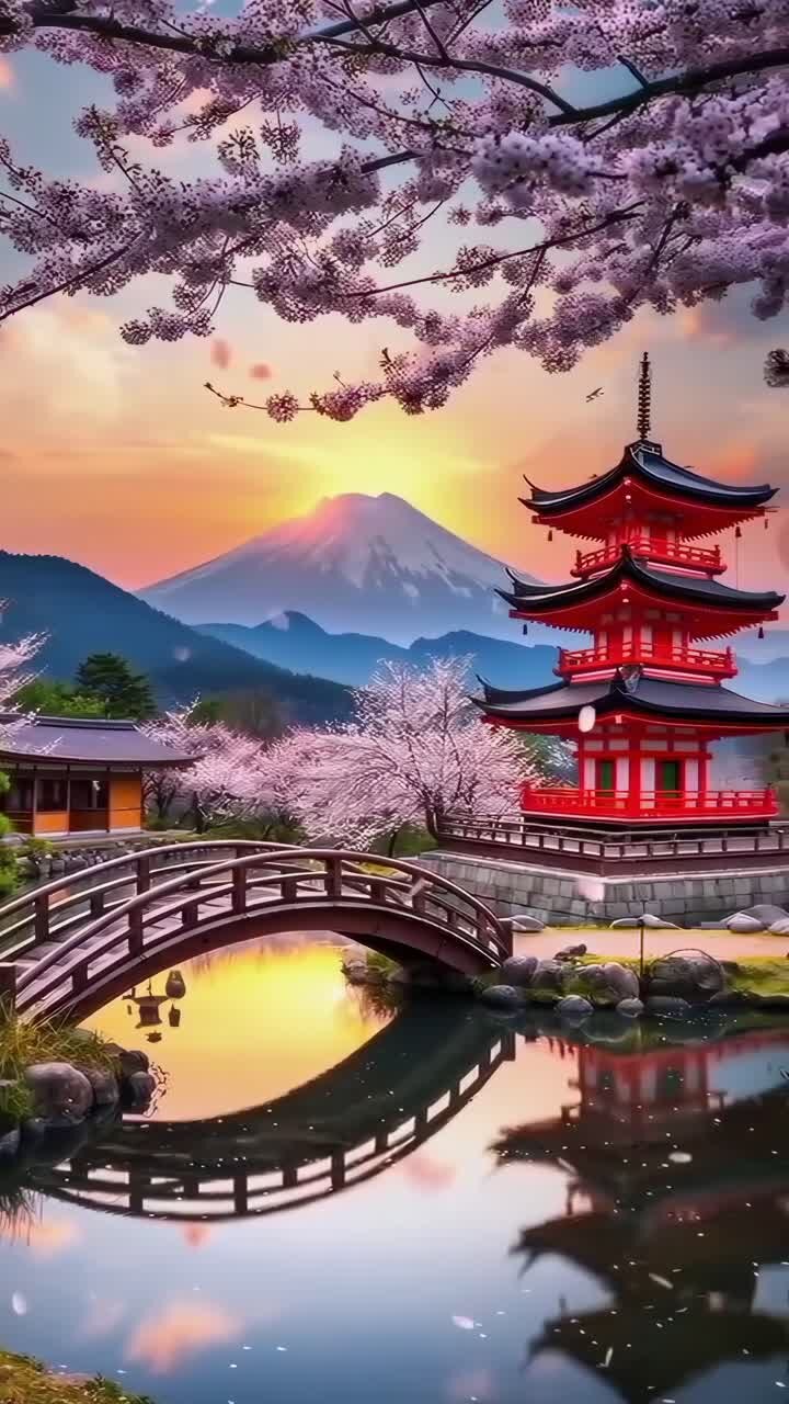 Fermo immagine scenografico di un video di un giardino giapponese al tramonto, con vista dal basso sui fiori di ciliegio