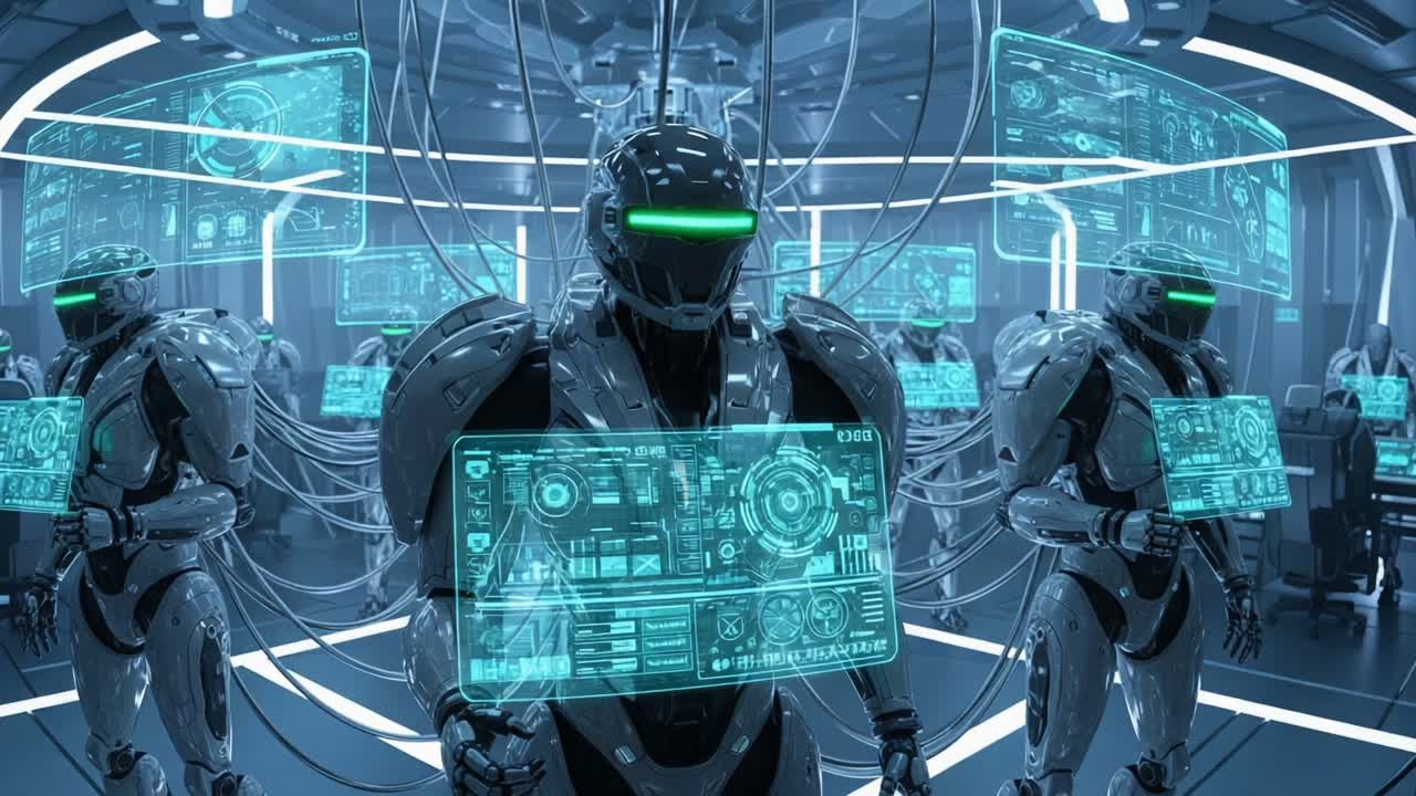 Advanced Robotics in Futuristic Control Center with High-Tech Interfaces and Sophisticated AI Systems, Showcasing Cutting-Edge Technology and Innovation in Automation