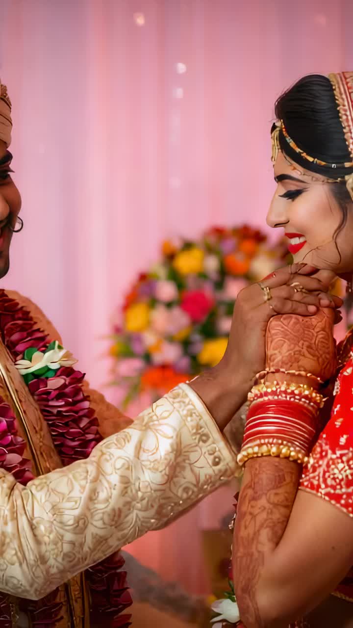 Vertical video: Reaching groom taking bride's mehndi at mandap for vows with red sari and garlands