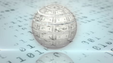 digital animation of globe of american dollars spinning against binary coding data processing