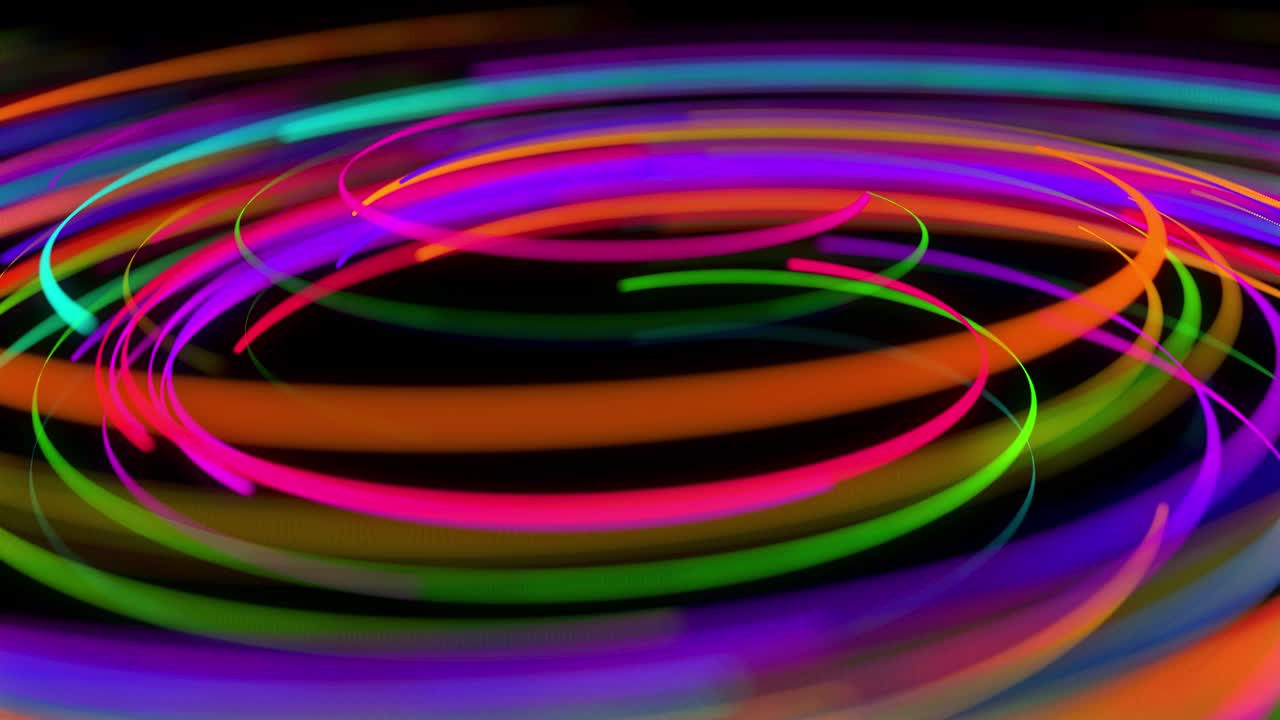 4k에서 세련된 창의적인 추상적인 배경: 회전하는 경로를 따라 회전하는 나선형으로 회전하는 색의 선; 모션 디자인: 선, 나선형 및 추상적인 구조를 형성하는 입자의 bg; 3d 렌더링