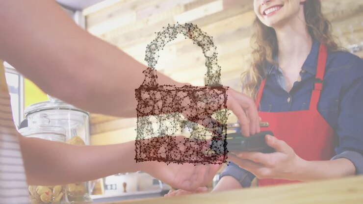 Animation of network security padlock over people using payment terminal