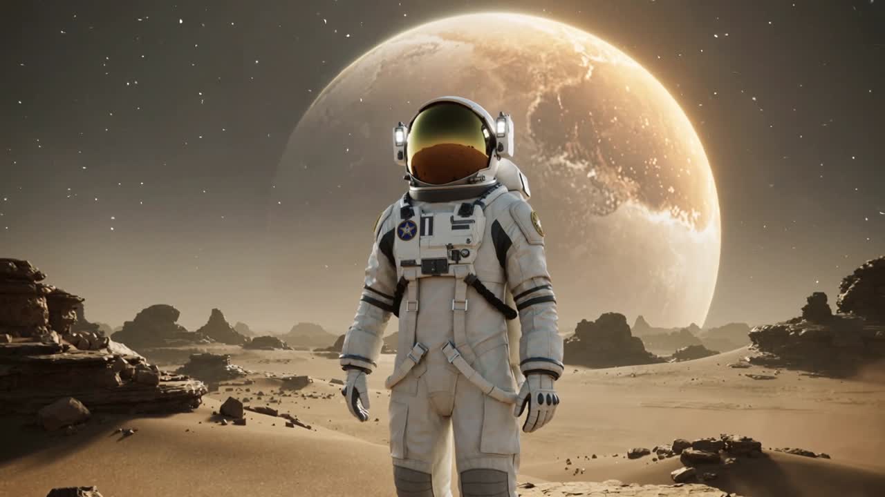 Scannende astronaut i EVA-rumdragt vender sig på en fremmed stenet slette, overvåger terrænet med guldvisir.