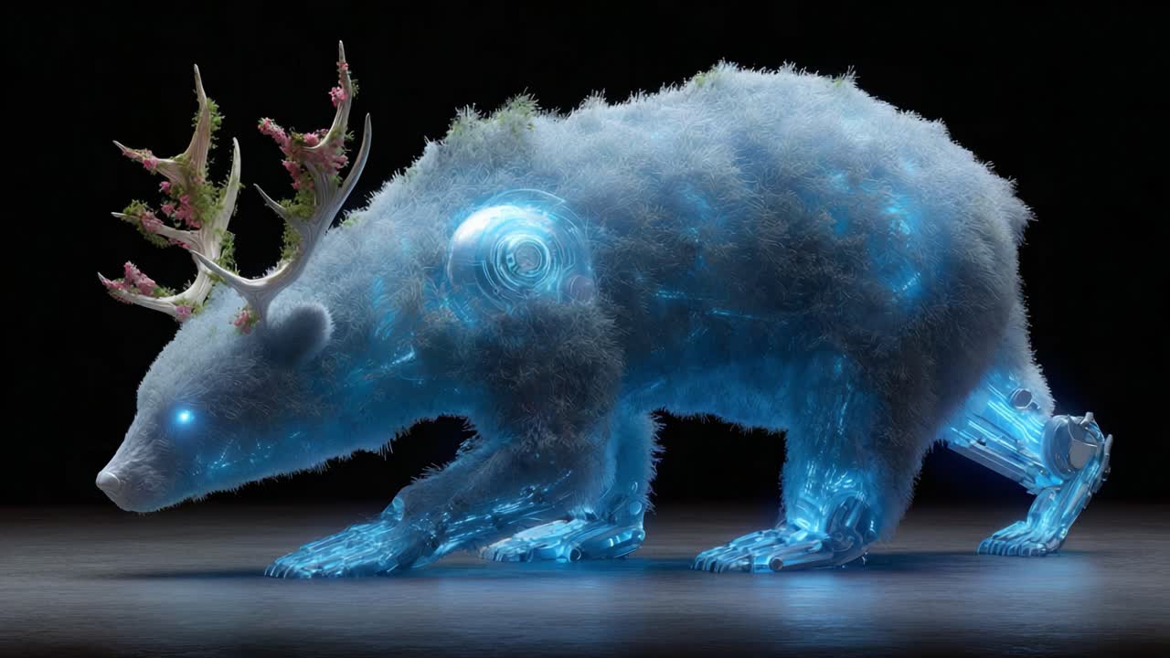 A futuristic bear with intricate vegetation adornments, showcasing a blend of organic and robotic features, glows with bioluminescent elements in a dark environment