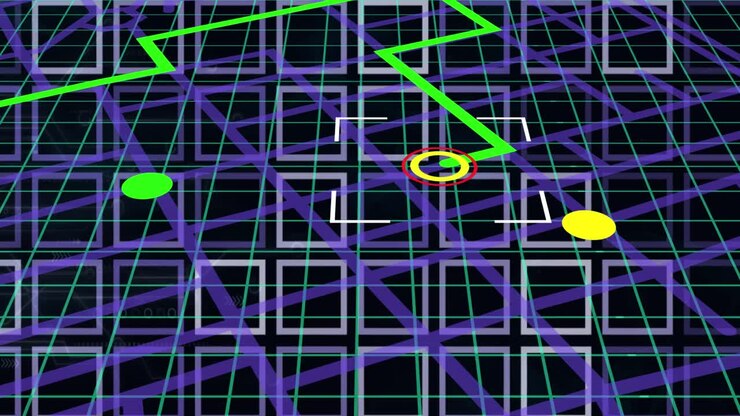 Animation of squares over city map on black background