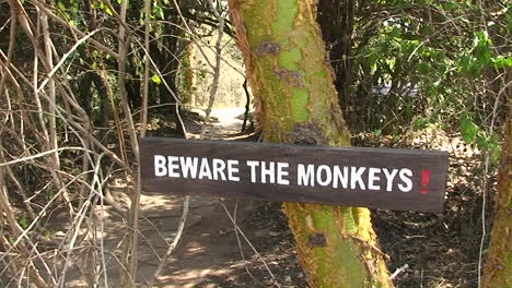 a solar water heater stands outside and a sign instructs people to beware of monkeys