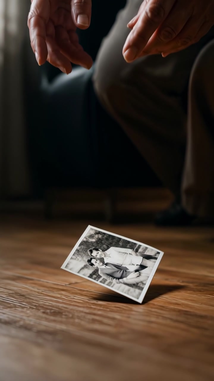 Close view captures hands releasing printed photograph as it descends onto wooden surface, with soft indoor lighting, shallow composition, visible paper texture, and quiet moment of movement.