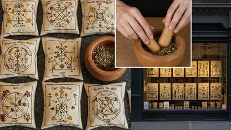 exploring magical herbs: an intriguing collection of handcrafted pillows and herbal grinding techniques in a mystic storefront setting