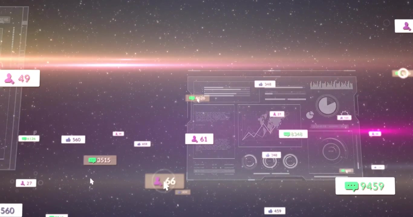 Opening starry purple background, HUD panels emerging and lens flare sweeping displaying metrics