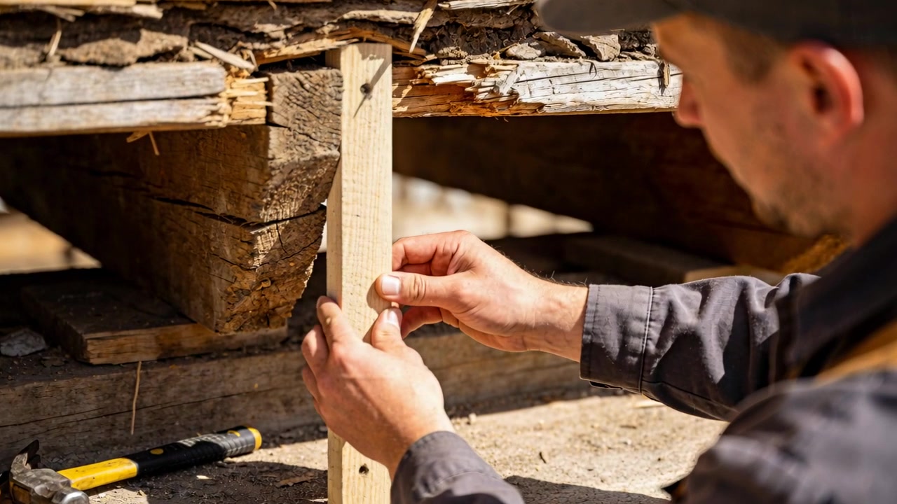 Noticing damaged joist, man in cap suspenders holding shim aligning under deck, hammer, copy space