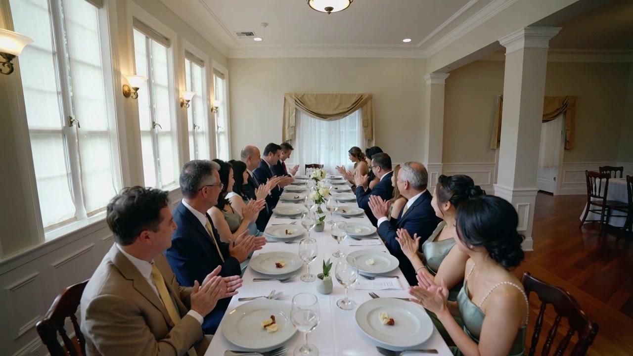 Clapping formal guests responding to speaker ending speech at long dining table with wine glasses