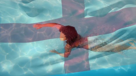 Animation-of-waving-england-l-over-happy-african-american-women-swimming-in-pool