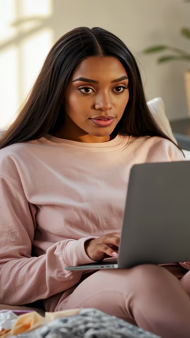 Vertical video: Arriving woman powering on laptop and typing on living room sofa, drafting report