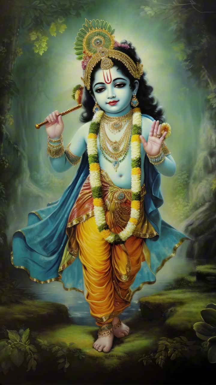 A divine figure in traditional attire, captured from a frontal angle, exudes serenity