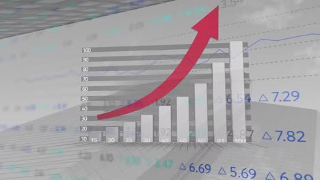 animación de la flecha roja, procesamiento de datos financieros y estadísticas.
