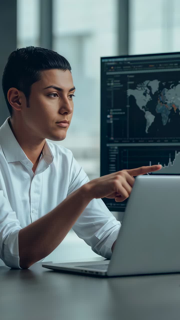 Vertical video: Seeing laptop data point man in white shirt pointing typing checking office monitor