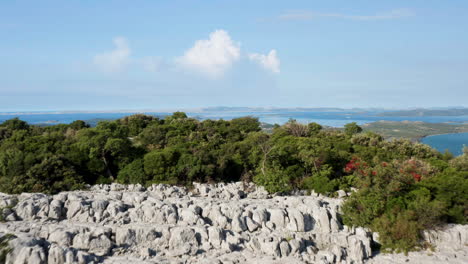 amazing landscape of nature park vrana lake , adriatic sea and murter archipelago in background - aerial drone shot