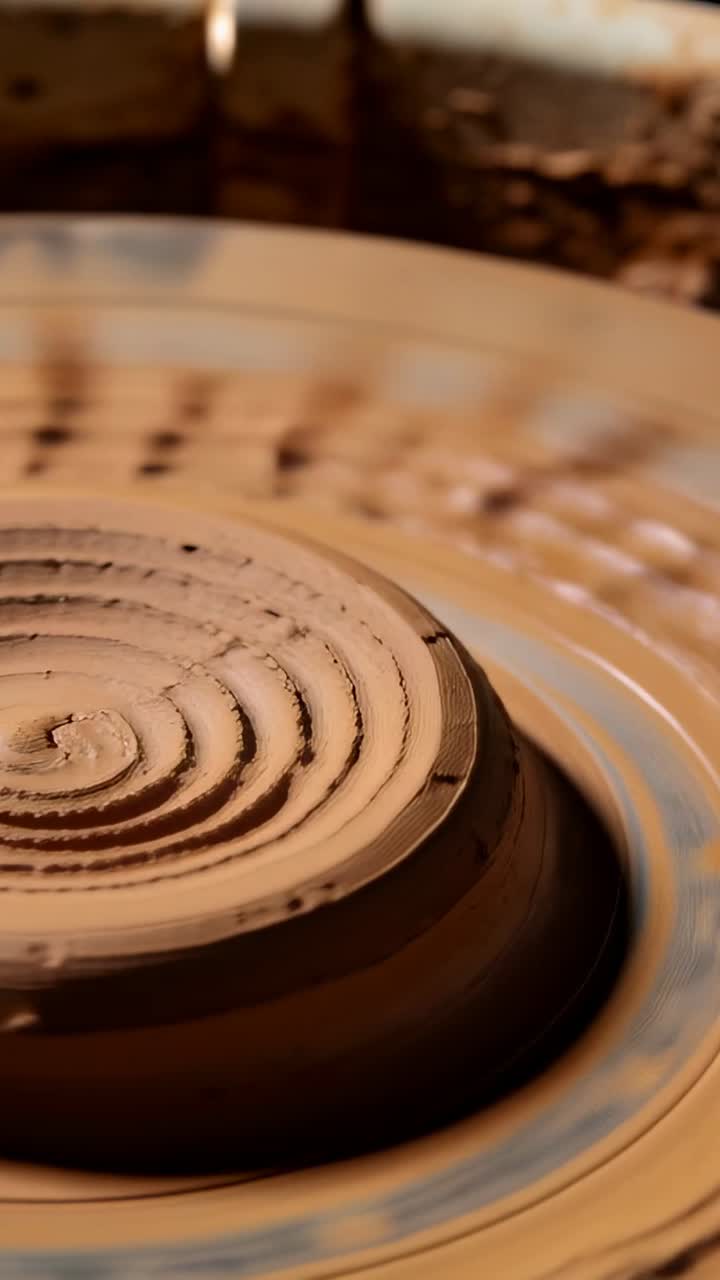 Video verticale: Ruota che inizia a girare, lisciando argilla bagnata in studio, creando creste a spirale.