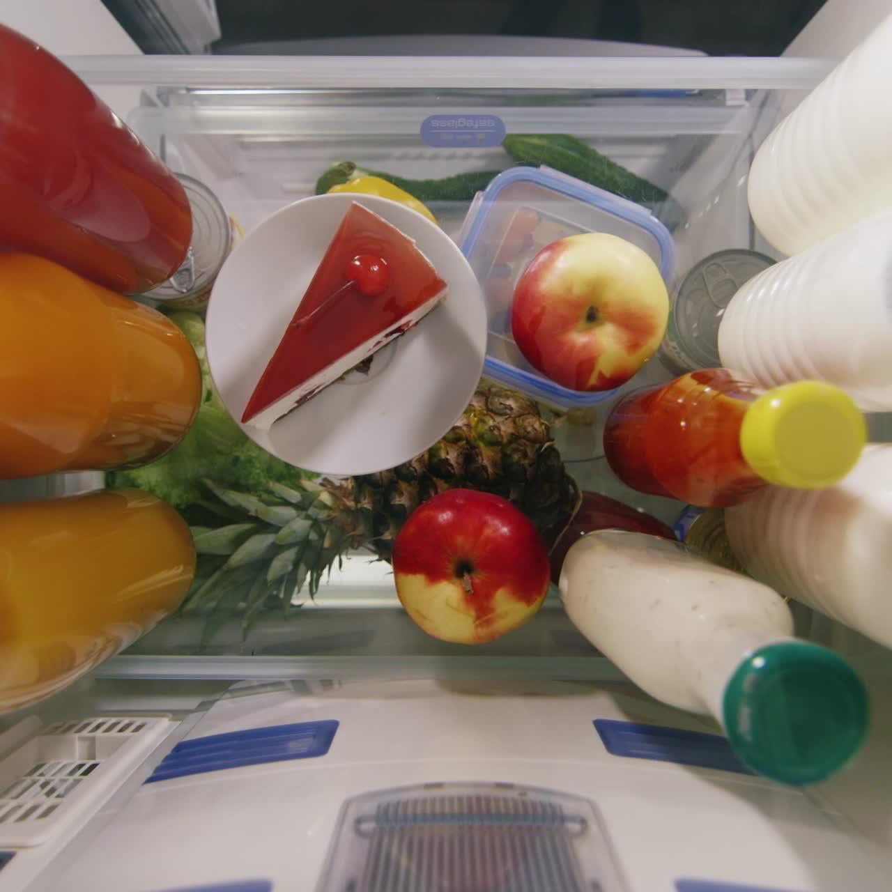 la mano de una mujer elige entre una manzana y un pastel. vista desde el interior del refrigerador