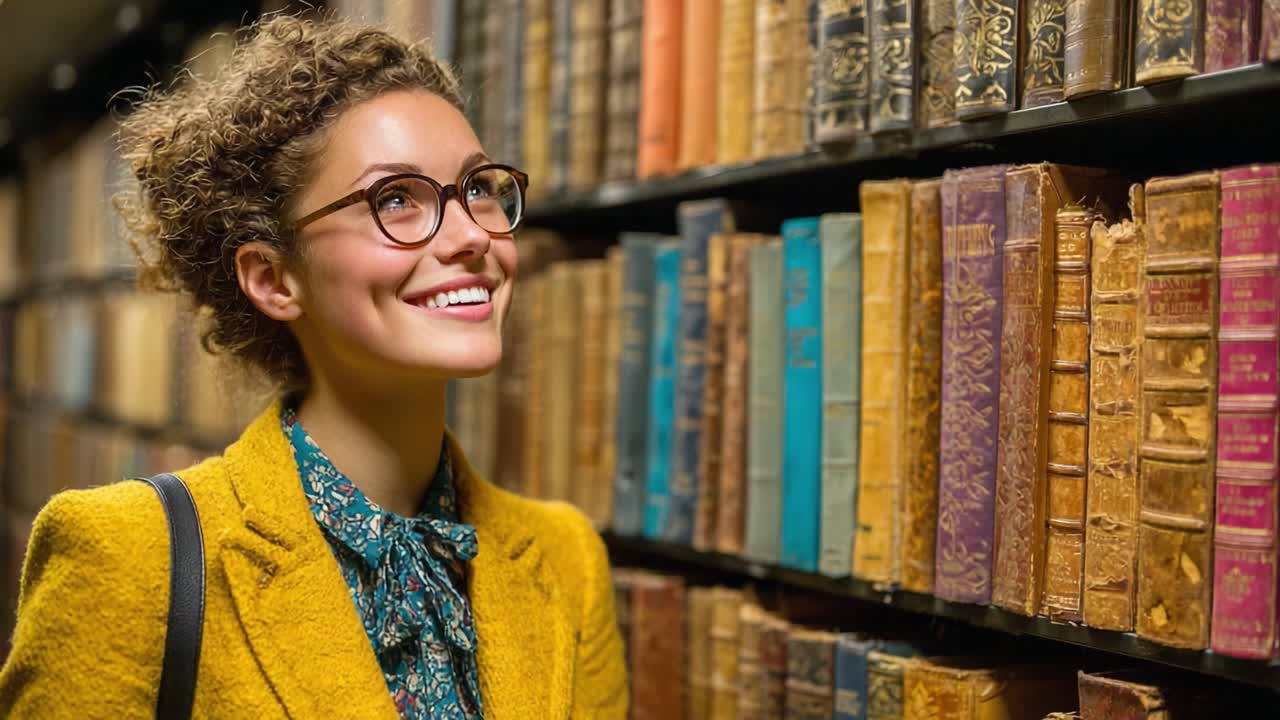 A Young Woman with Curly Hair and Glasses Smiling in a Library Surrounded by Rows of Vintage Books, Capturing a Moment of Joyful Discovery and Curiosity