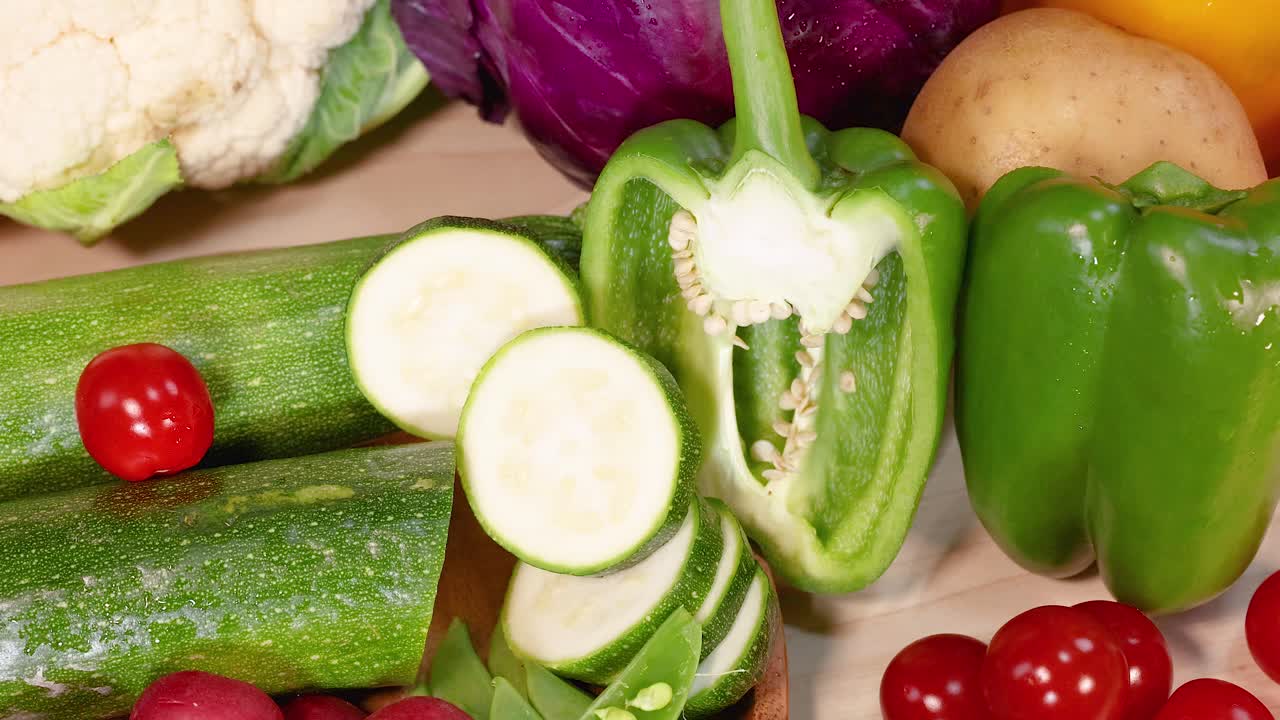 예술적으로 배열 된 신선한 채소의 활기찬 품종, 밝은 조명에서 자연의 색상과 질감을 보여주는